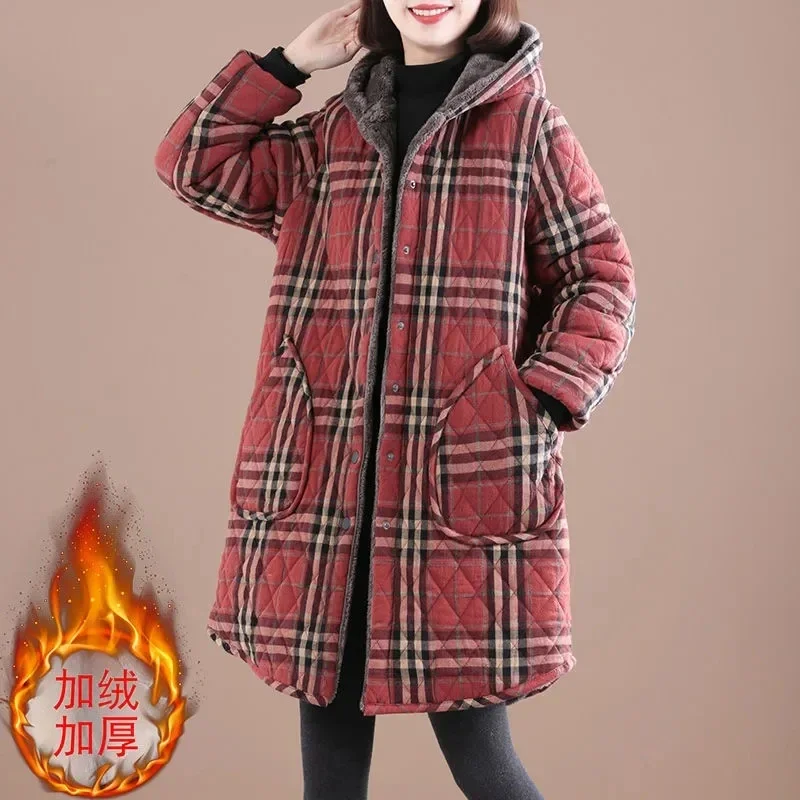 

Women's Cotton Coat Parka Mid-Length Hooded Plaid Jacket Outerwear Winter Jacket Loose Add Velvet To Keep Warm Overcoat Female