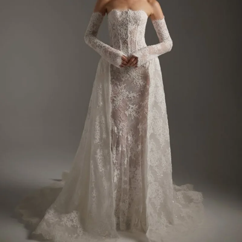 Vestidos de novia blancos de encaje con hombros descubiertos, falda con purpurina, cola desmontable, vestidos de novia hechos a medida