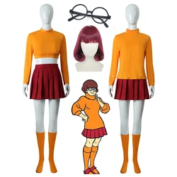 Velma Cosplay Uniform Anime Woman Orange Top Skirt Socks Glasses Halloween Costume Set Girls Velma Wig