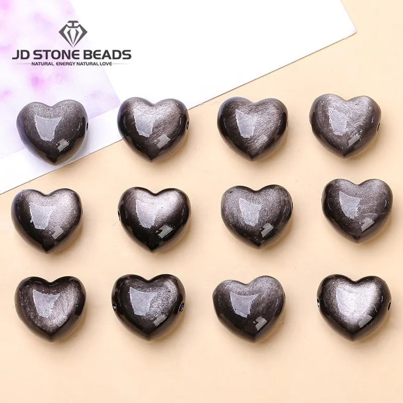 

1 Pc Natural Stone Silver Flash Black Obsidian Heart Shape Bead With Hole For Jewelry Making Diy Bracelet Necklace Accessory