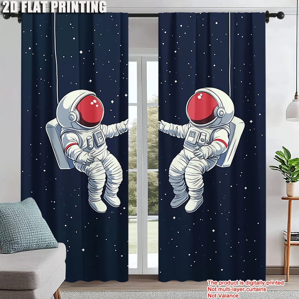 

2Pcs Modern Space Astronaut Blackout Curtains Deep Blue Starry Sky Cartoon Spaceman Print Drapes For Bedroom Study Living