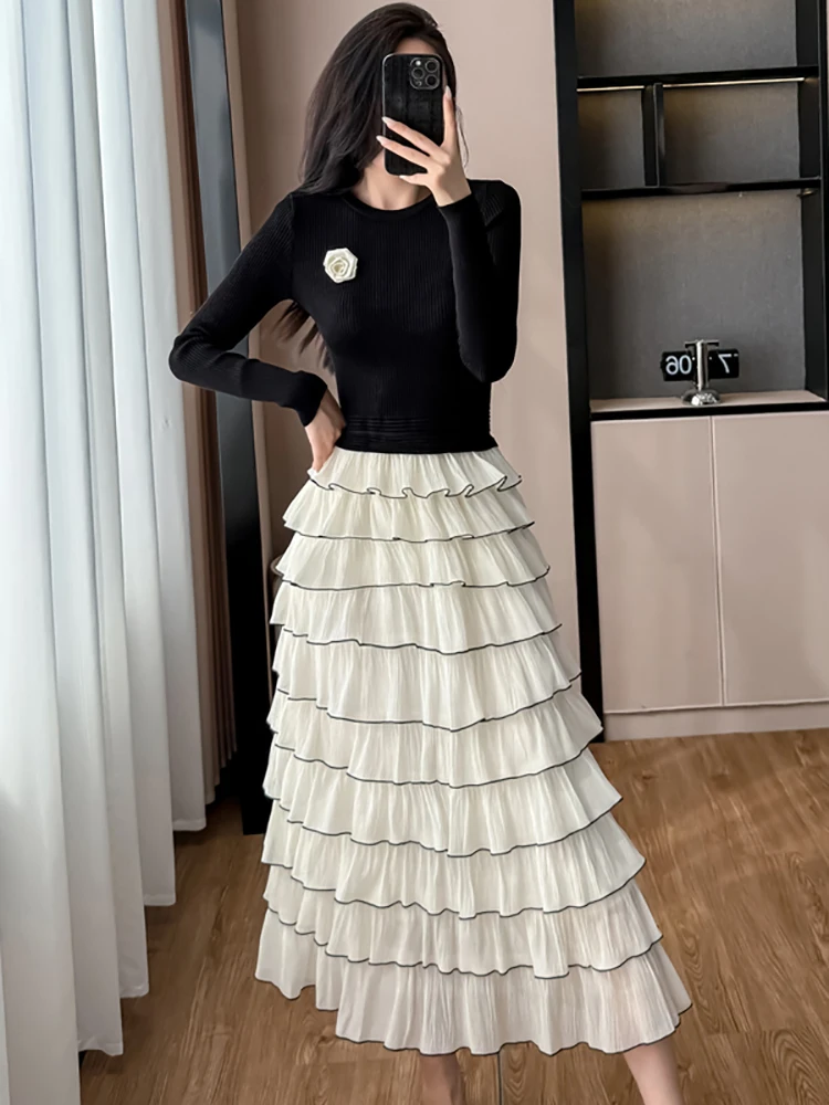 Feminino coreano vintage luxo vestido longo outono inverno preto malha retalhos branco em camadas vestido 2025 elegante bodycon vestido de baile