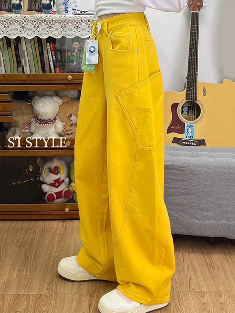 

Retro Yellow Design Feel Loose Jeans New American Letter Embroidered Wide Leg Cargo Pants Fashion Baggy Denim Trousers