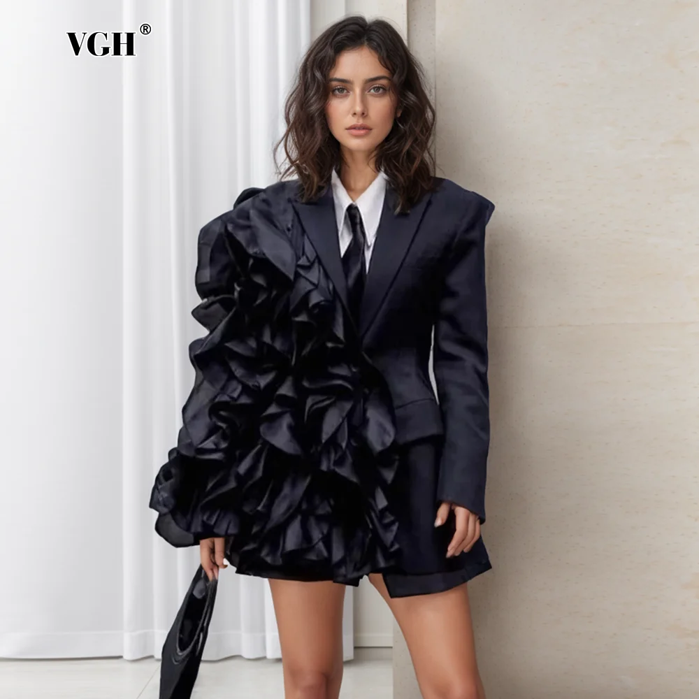 VGH Casual Patchwork Ruffle Blazer For Women Notched Collar Long Sleeve Soild Streetwear Temperament Blazer Female Fashion Style