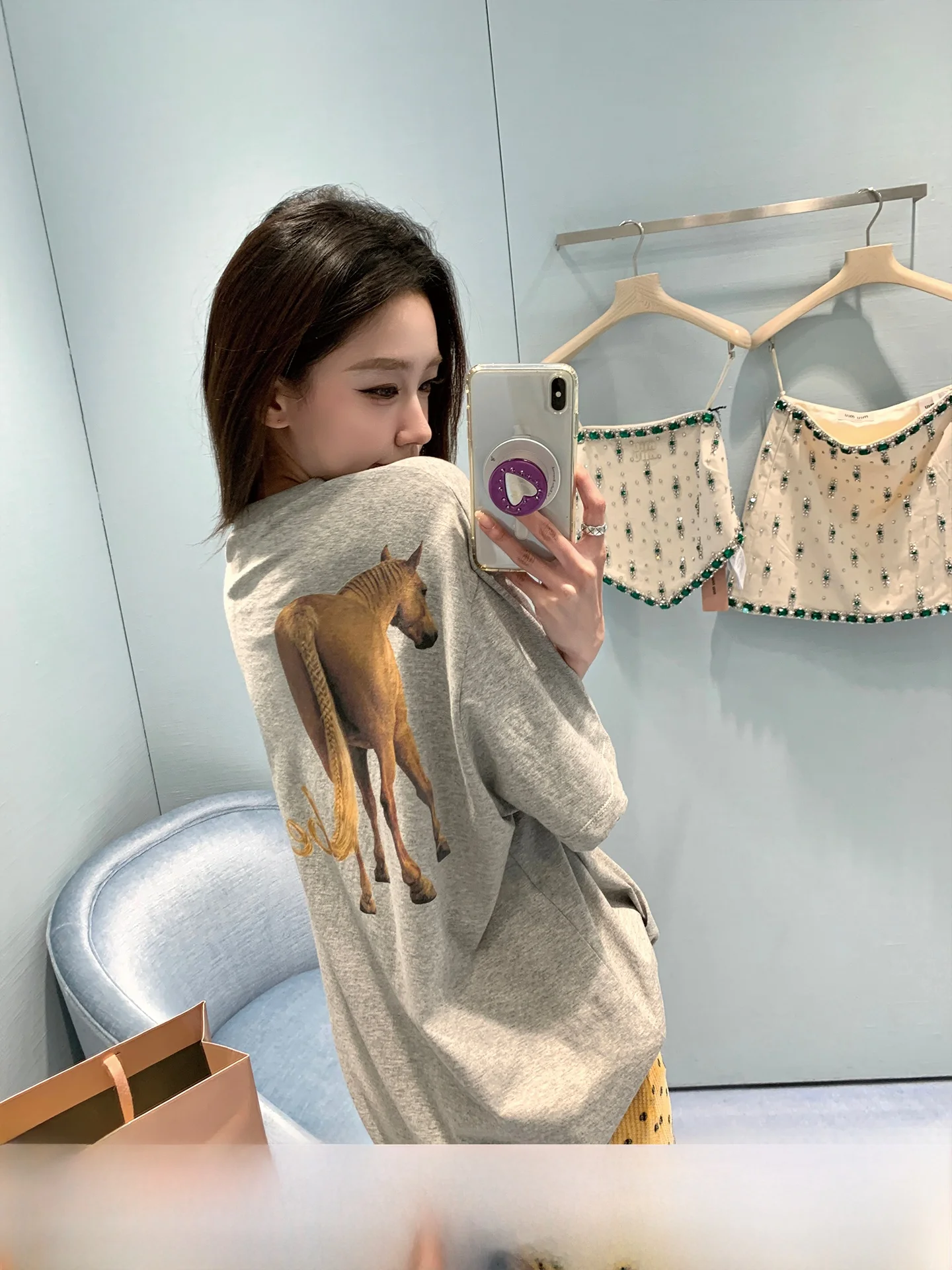 

Retro Korean Design Print Loose Shoulder round Neck T-Shirt Women Casual Style Standard Fit Short Sleeve Printed Top