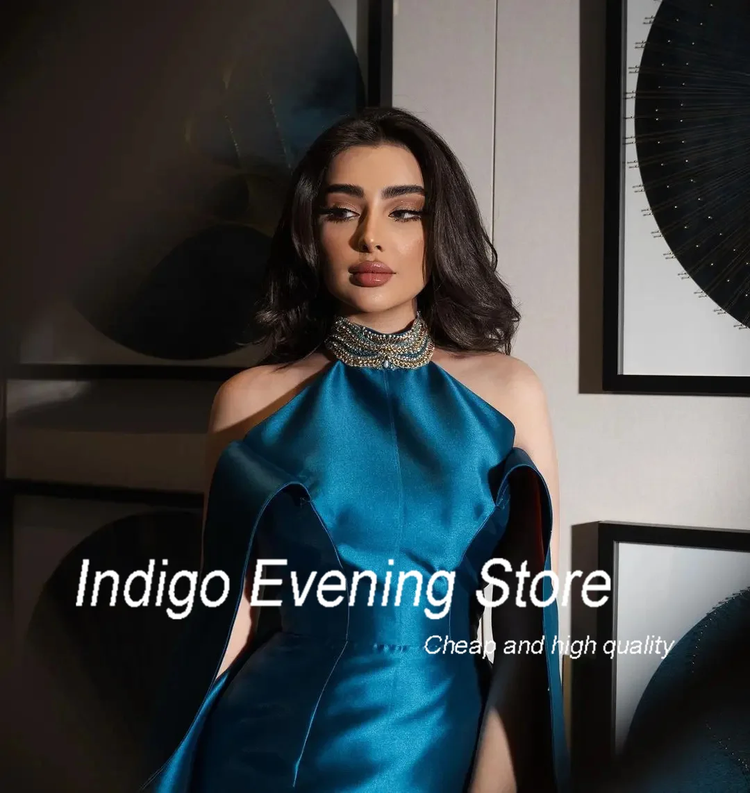 Indigo-فساتين حفلة موسيقية من الساتان للنساء ، بدون الكتف ، بدون ظهر ، شق ، ثوب حفلة ، مثير ، فستان رسمي للحفلات ، 2022