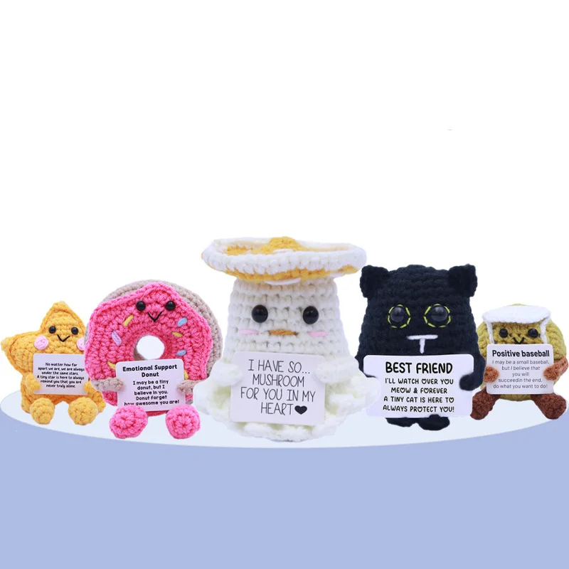 Positive Energy Crochet Tennis Ball Doll Pocket Hug Handmade Knitted Mushroom Dolls Funny Emotional Support Gift Home Decoration