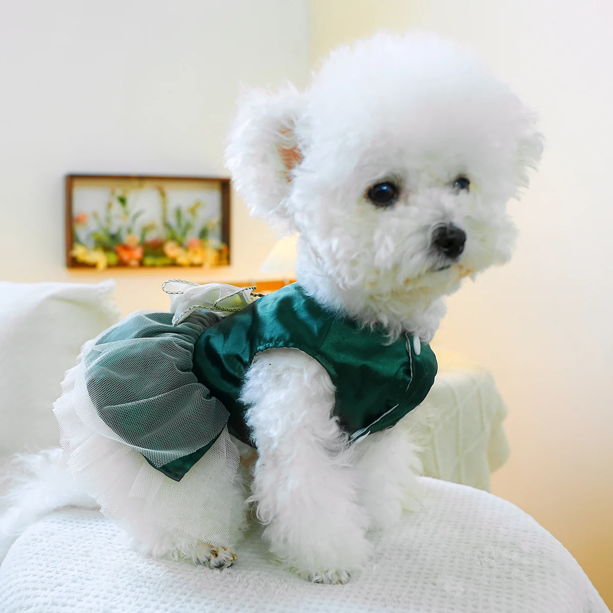 1PC Pet Clothing Cat Spring/Summer Green Tank Top Bow Princess Dress Traction Buckle Suitable for Small and Medium sized Dogs