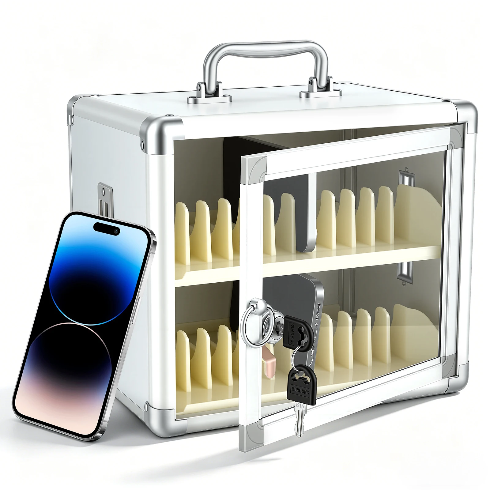 Armadietto portatile con serratura per riporre telefoni cellulari, con 24 scomparti, realizzato in lega di alluminio, dotato di fori di ventilazione e di una porta trasparente, ideale come mobiletto
