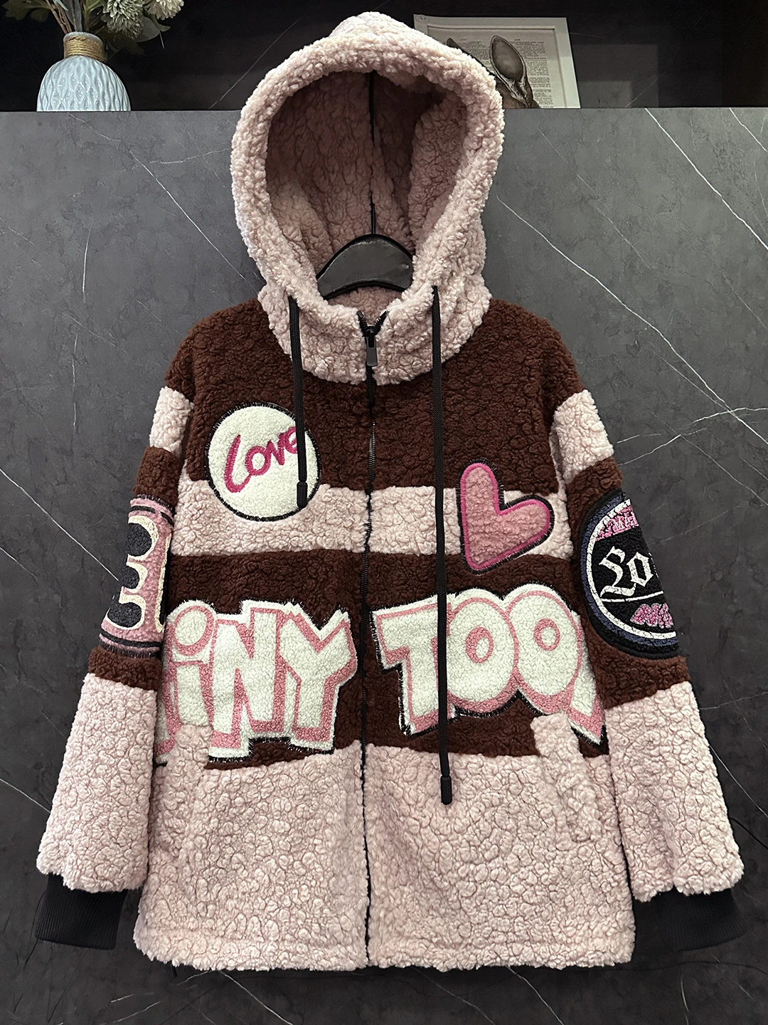 트렌디한 컬러블록 레터링 가을 겨울 플러시 후드 코트 오버사이즈 후드 집업 가디건 탑 두꺼운 플리스 양털 루즈핏 재킷