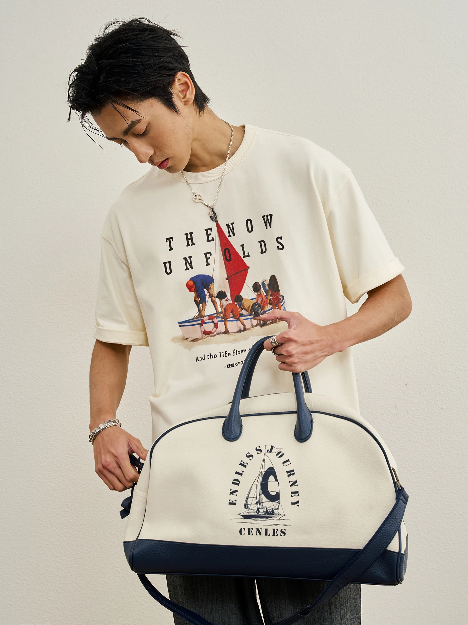 CENLES SS26 Washed round Neck T-Shirt Loose Short Sleeve Vintage American Retro Print Beachscape Style Unisex Cotton Summer Top