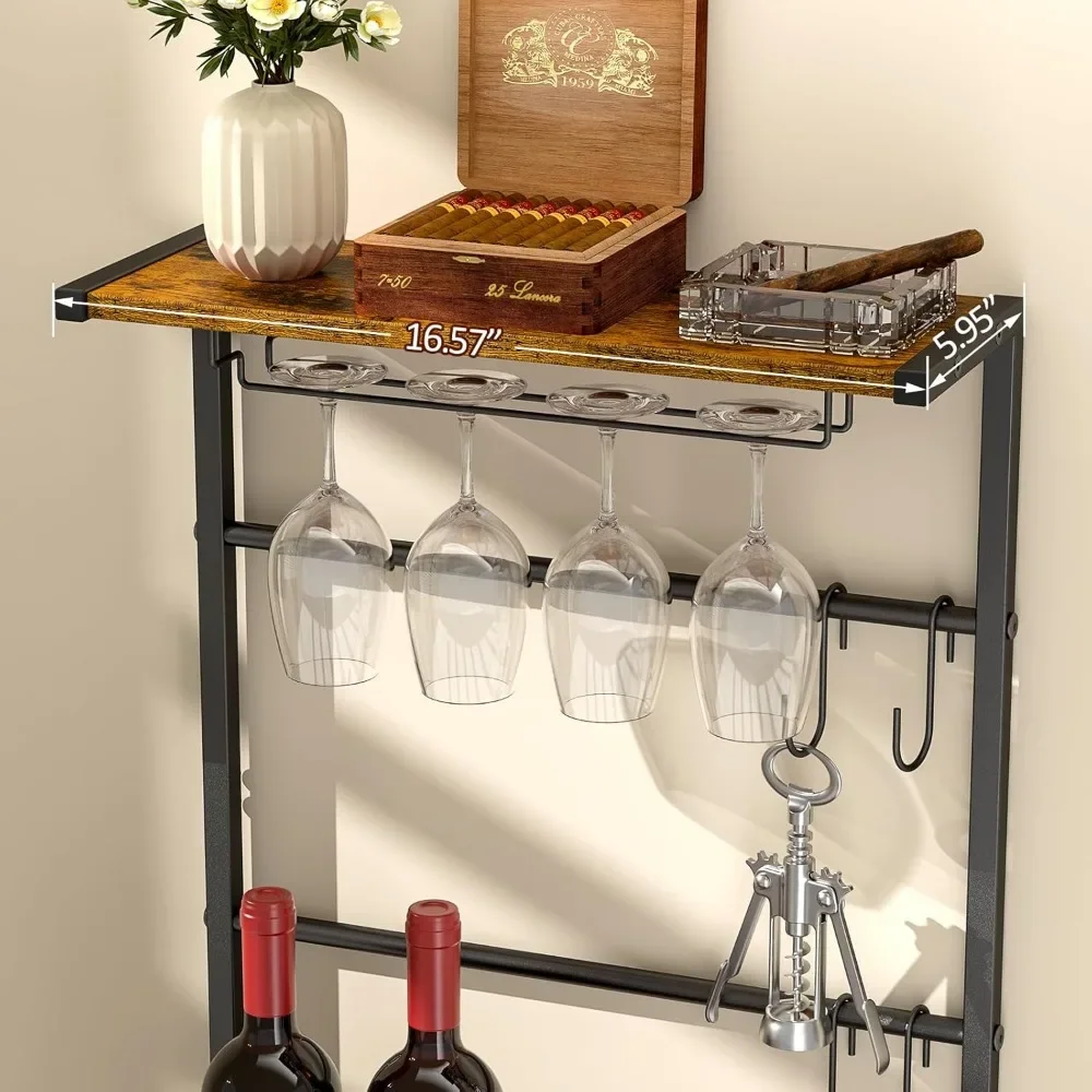 Wine Rack independiente de 5 niveles con soporte para copas y ganchos en S: mini gabinete de bar de esquina perfecto para espacios pequeños