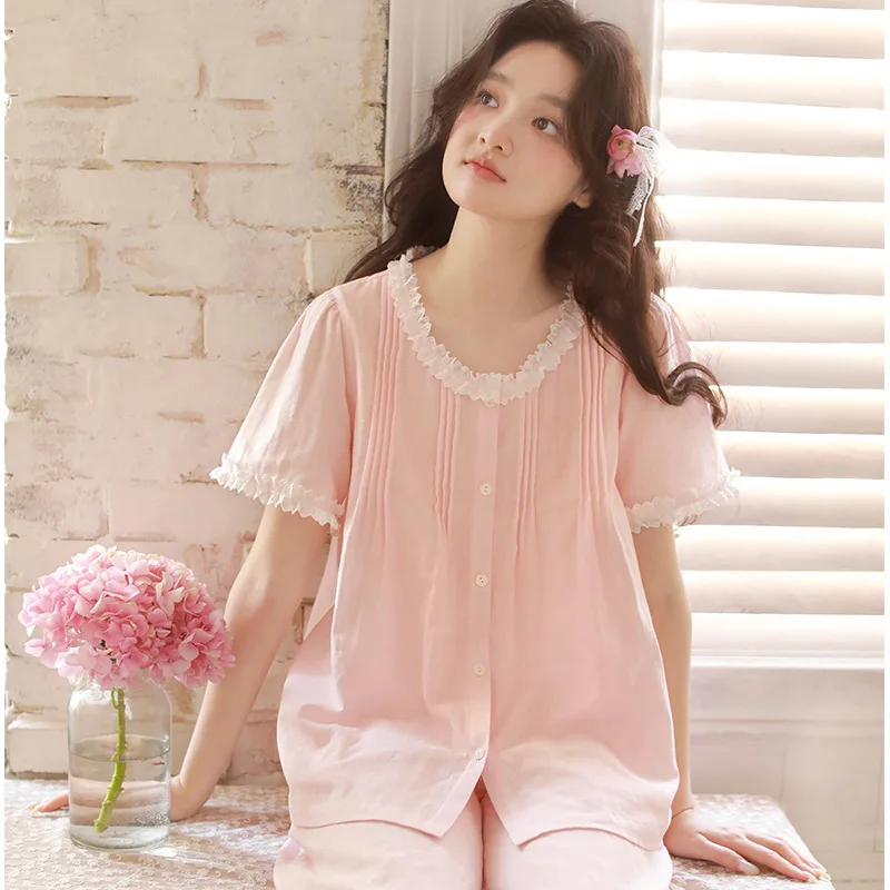 

Sweet Soft 100% Cotton Solid Color Pajamas Sets For Women Summer Loose Knee Length Pants Nightwear Girls Homewear