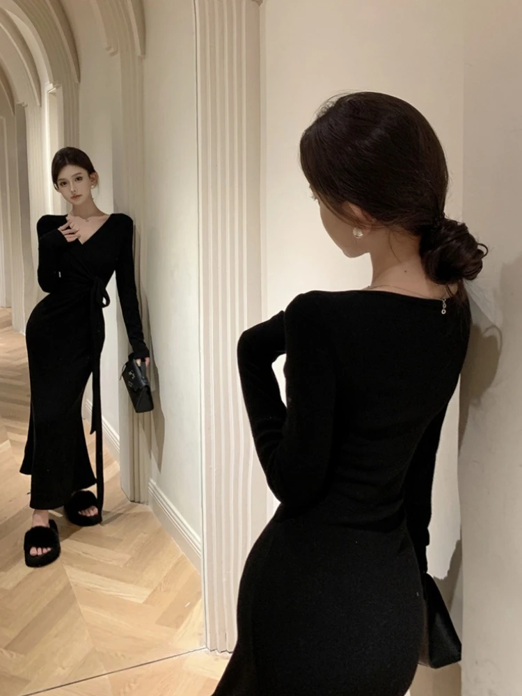 Robe longue en tricot, col en v croisé, manches longues, fente latérale, moulante, amincissante, Vintage, Boho, Chic, cravate à la taille, nouvelle collection automne hiver 2025