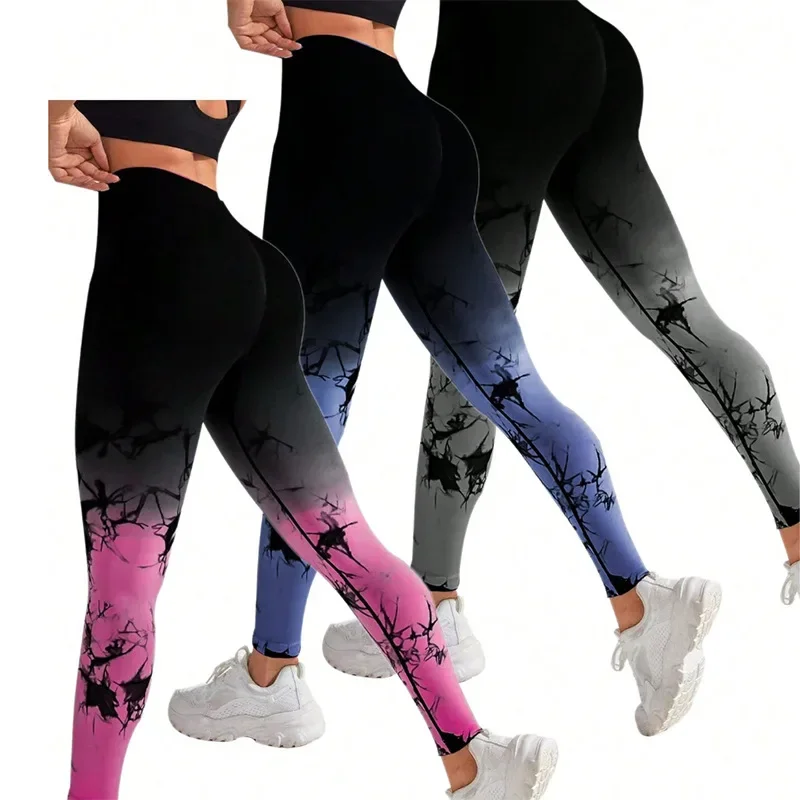 Tie Dye Print Leggings Women Knitted Elastic Tights Gym Training Running High Waist Hip Liftting Seamless Yoga Fitness Leggings