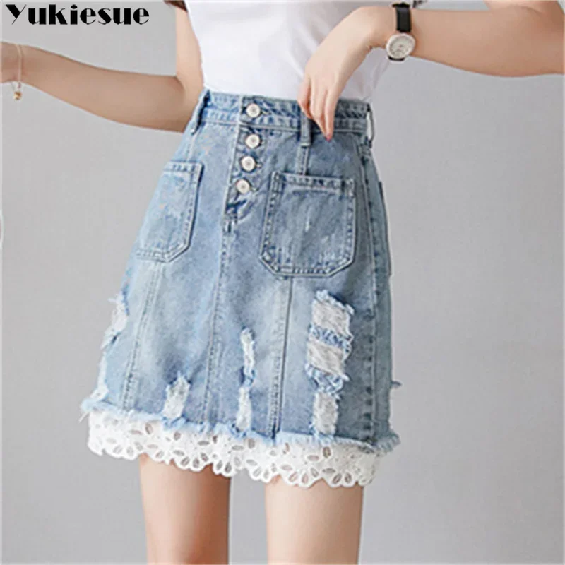 2023 春夏の新女性デニムスカートハイウエストレーススプライス裾レディースエレガントなミニジーンズスカートシングルブレストポケット