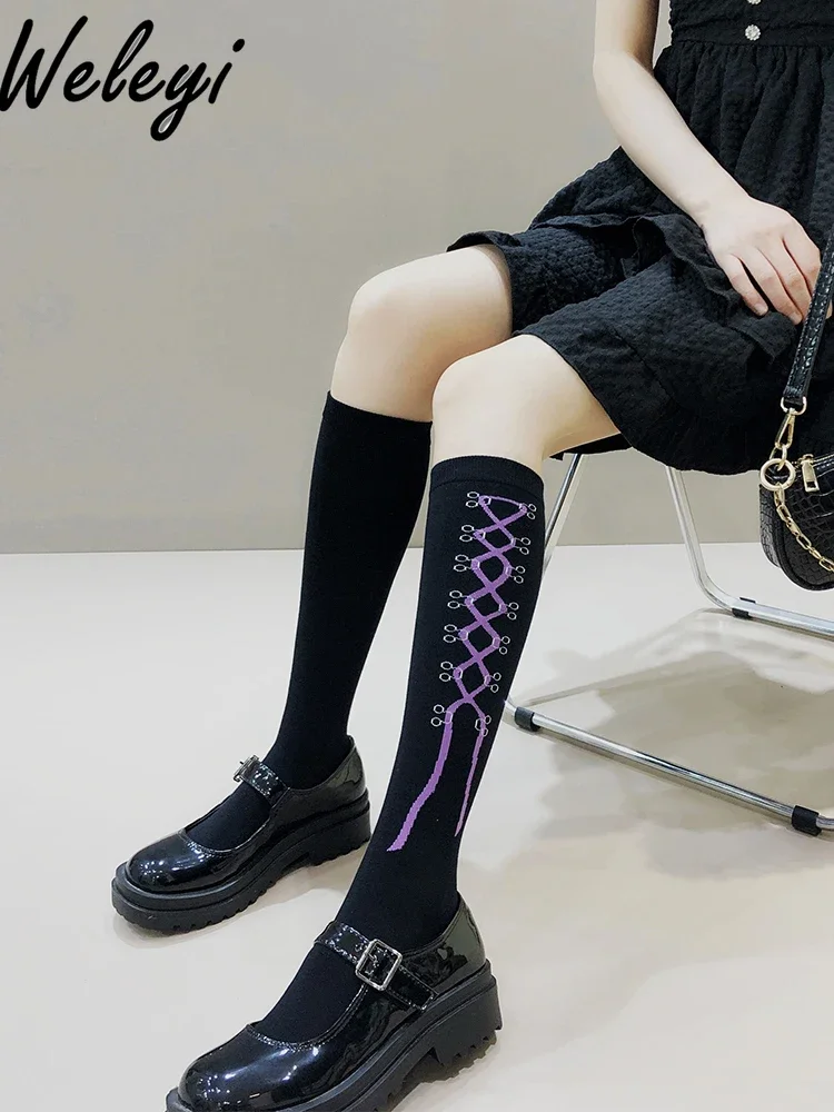 Black Jirai Kei Calf Socks Spring and Autumn Cute Cotton Medium Long Purple Bow Lolita Stockings Sweet Cool Dark Knee Stocking