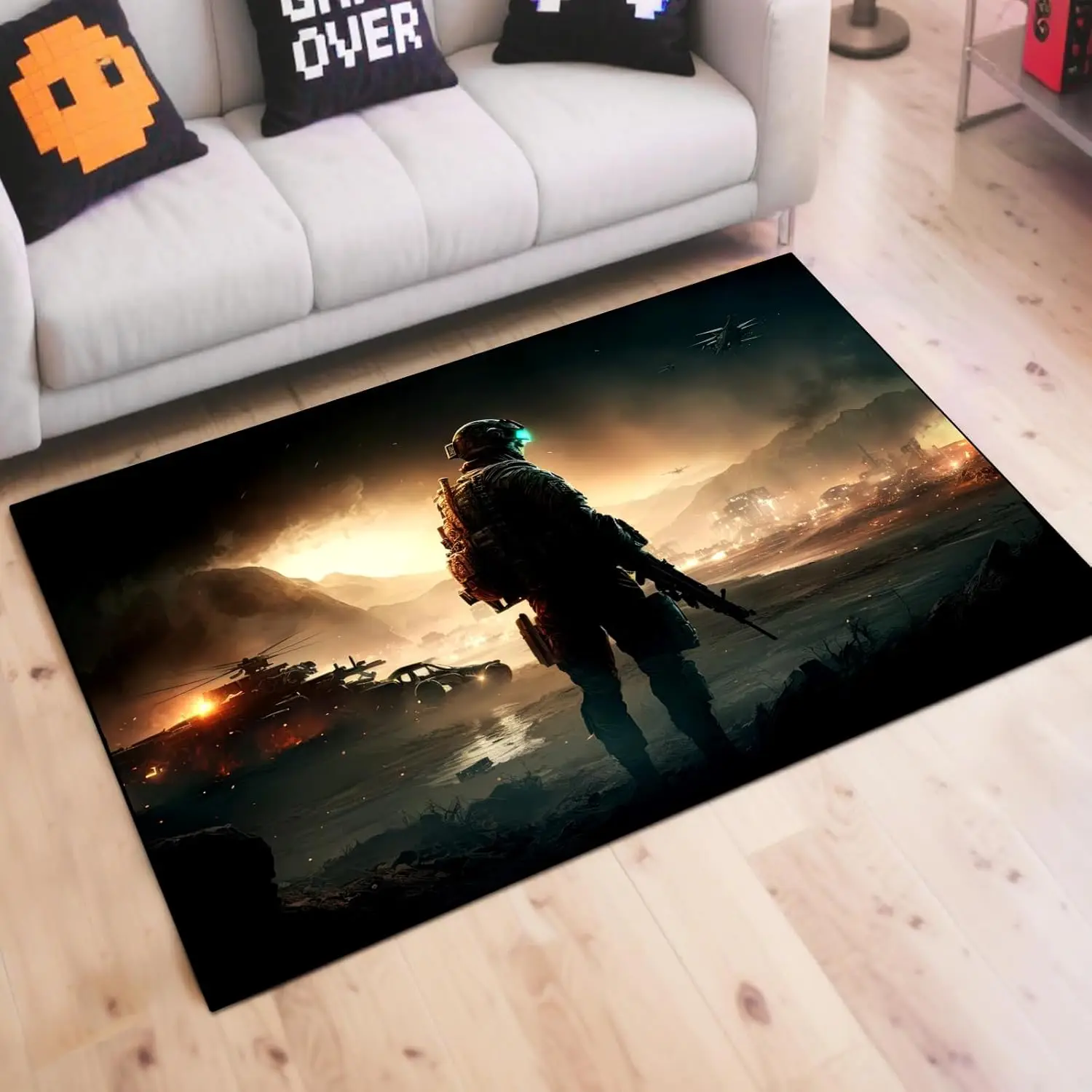 

FPS Shooter Soldier Area Rug with Battlefield Scene Non Slip Gaming Carpet for Teen Boys Bedroom Playroom