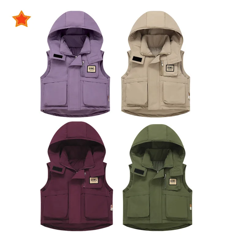 Winter Children Hooded Wasitcoat Cotton Padded Sticker Zipper Kids Boys Down Vests Kids Casual Young Teenager Boy Outerwear Coat