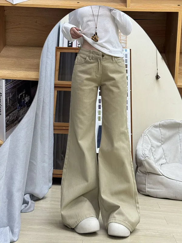 

American Retro Khaki Flared Jeans Women's Loose Straight Leg Pants Autumn 2025 New Low Waist Wide Leg Bell Bot