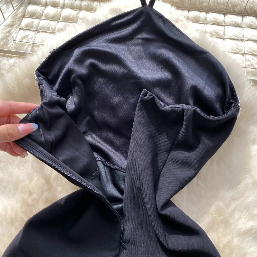 2025 신상 블랙 라인스톤 홀터 드레스 여성 컷아웃 슬림 바디콘 맥시 드레스 섹시 갈라 파티 레드카펫 가운