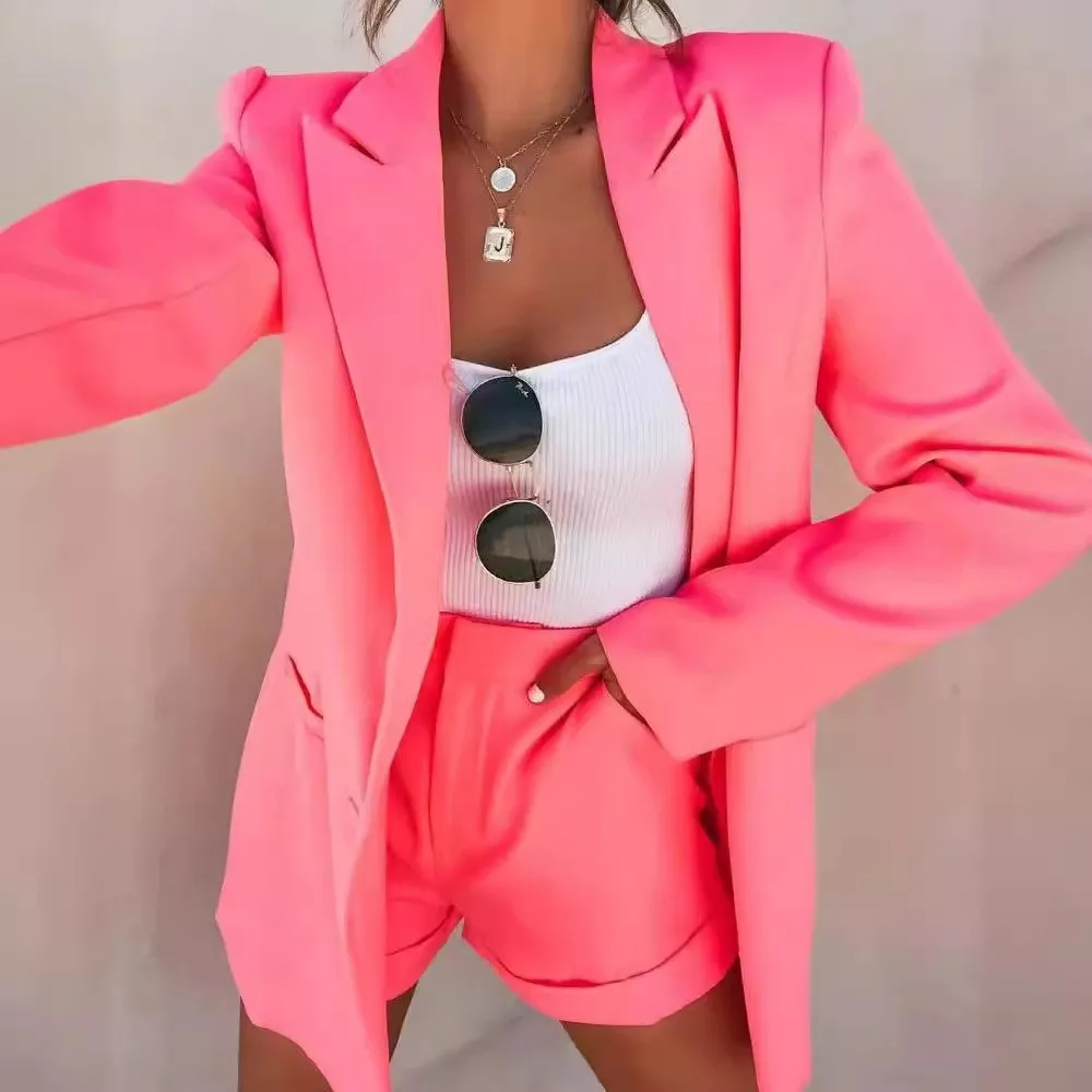 Spring Autumn New Printed Plaid Long-sleeved Suit Women Fashion Slim Pocket Solid Color Blazer Shorts Female Office 2 Piece Set