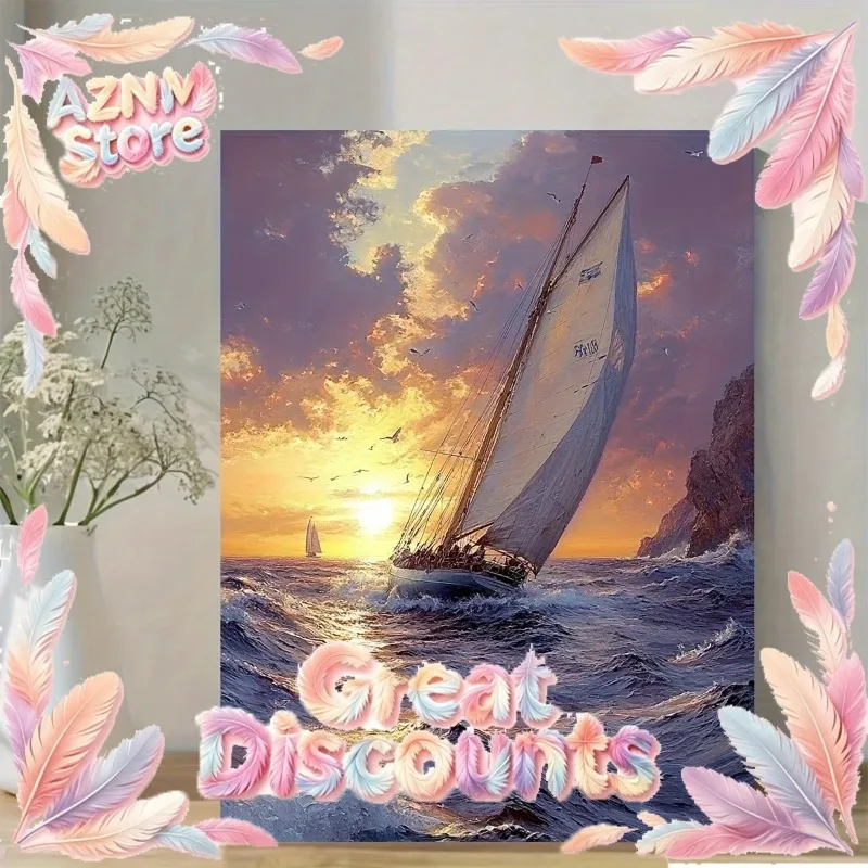 Sunset Voyage Sailing Ship Canvas Painting x inch  HighDefinition Wooden Framed Art D Spatial Design for Living Room Bedroom