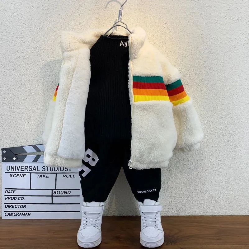 

Children's Warm Jacket New Autumn/Winter Coat Boys Thickened Lamb Hair Baseball Uniform Junior Girl Cardigan Coat 2-12Y