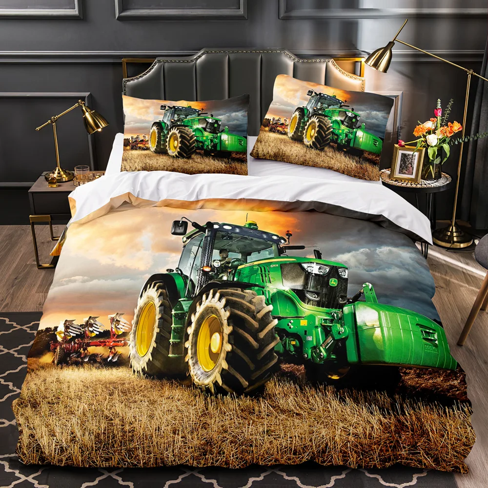 Boys Tractor Printed Bedding Set Men Construction Cars Pattern Comforter Cover For Kids Heavy Machinery Vehicles Duvet Cover