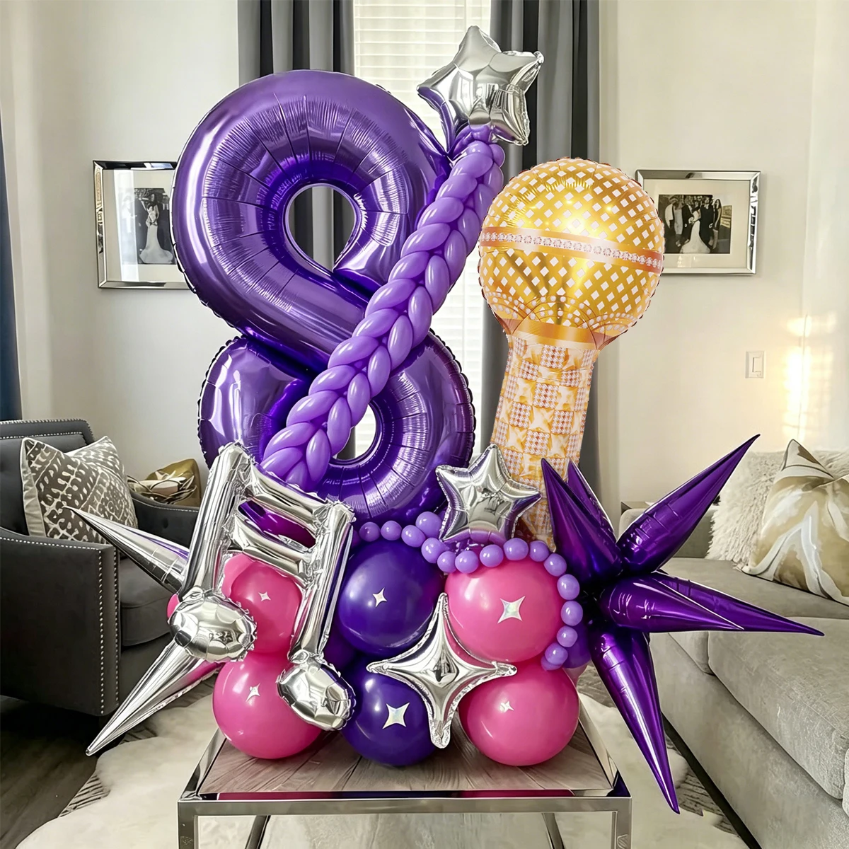 Conjunto de balões com números roxos e balões em forma de microfone para decoração de festa de aniversário, festa de música disco (0-9)