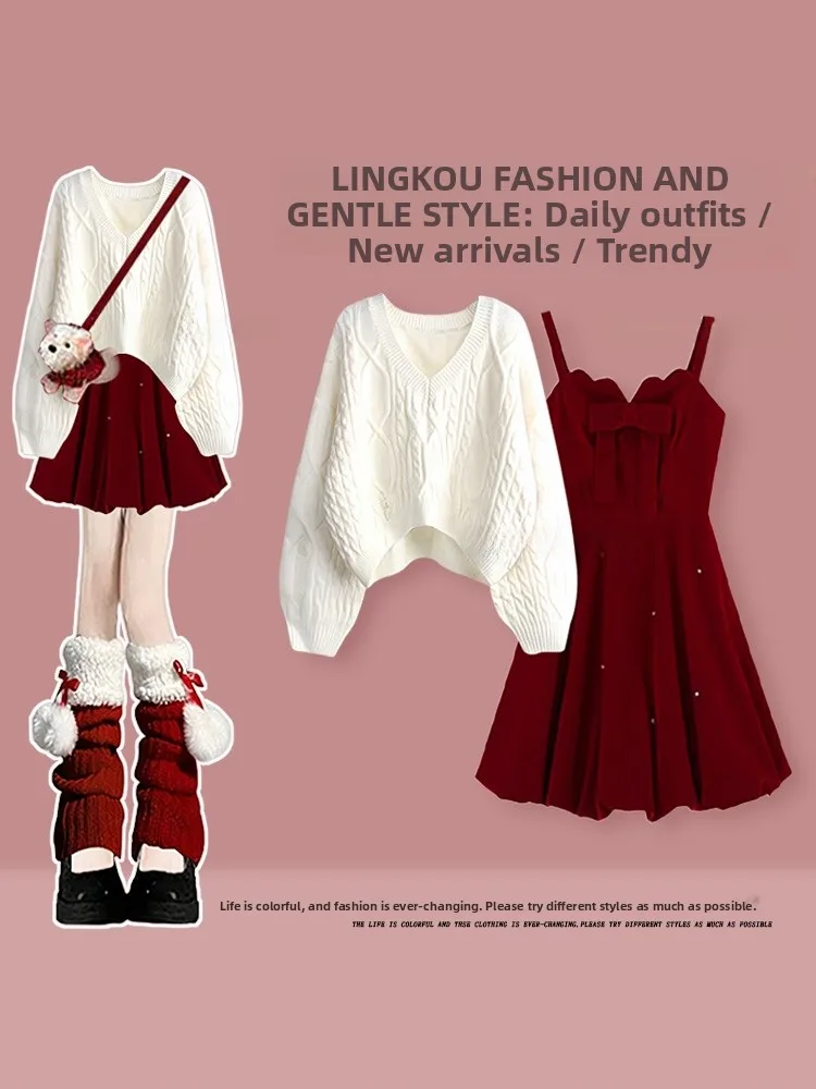 

Loose V-Ne Knitted Sweater And Red Cisas Dr Two-Piece Set for Women Casual Autumn Winter Leisure Outfit Soft Polyest...