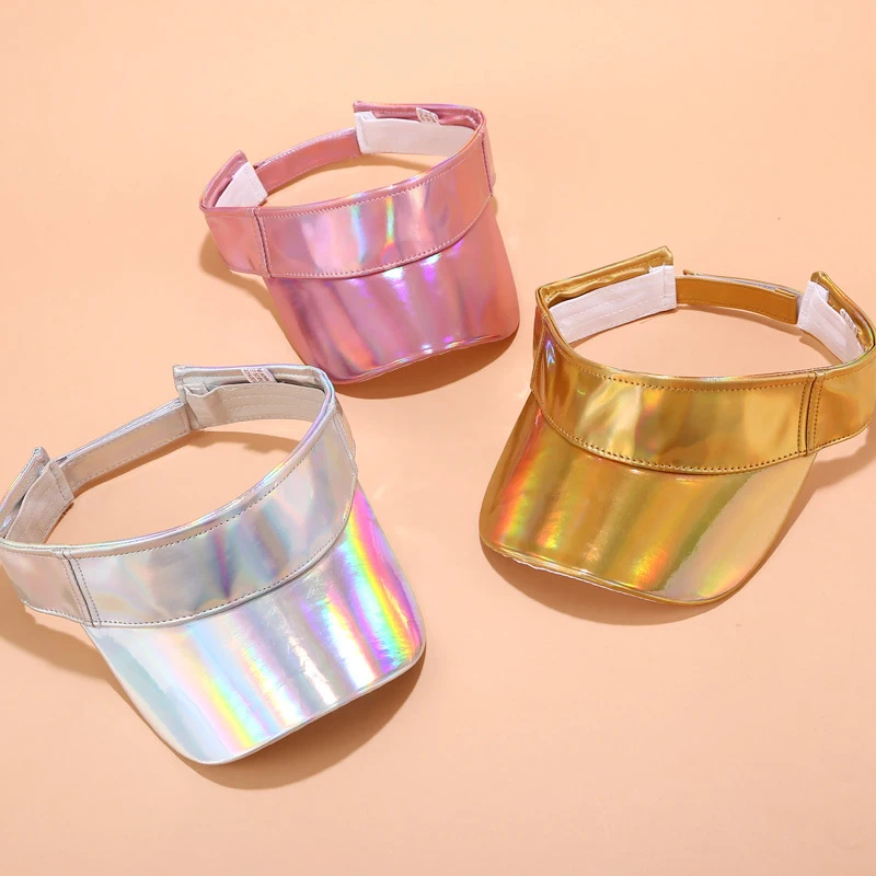 Holographic Laser PU Visor Cap Iridescent Shiny Adjustable Strap Empty Top Sun Visor Hat 3 Colors for Women