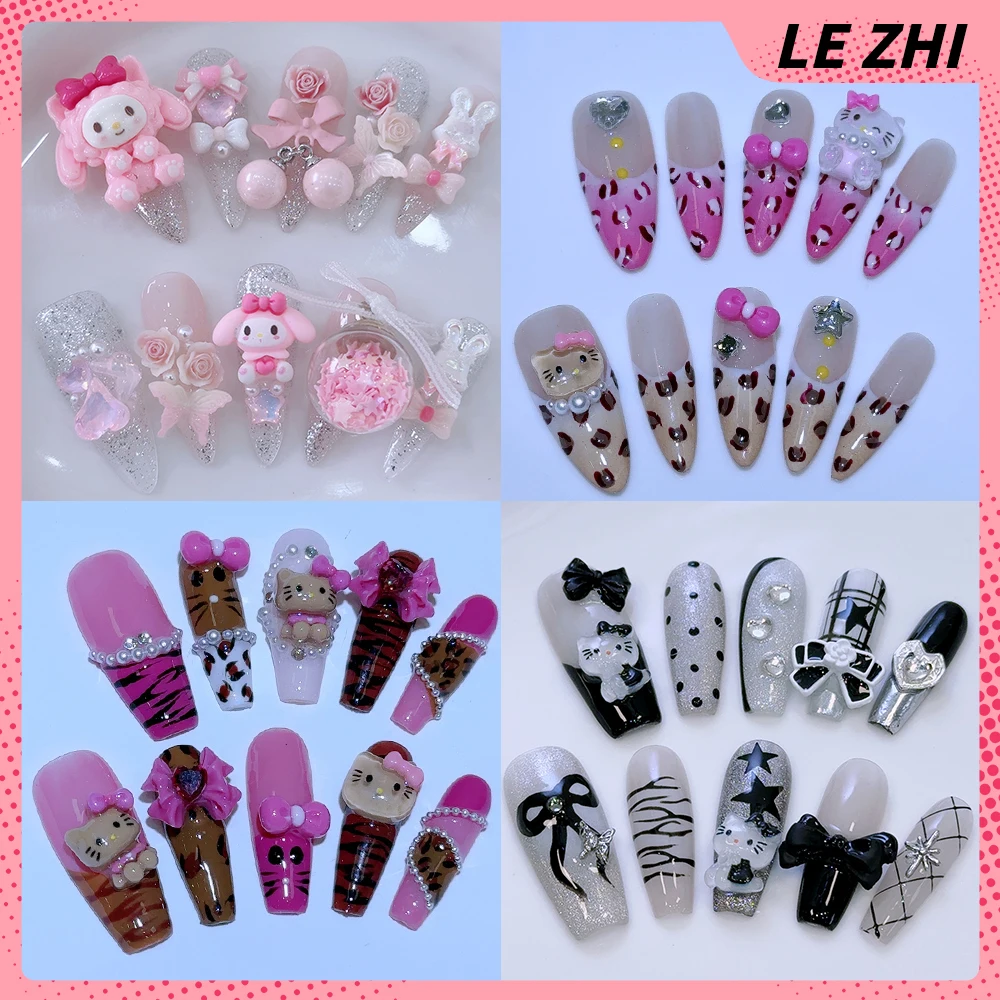 

Cute Hello Kitty Kuromi Cartoon Handmade Party Nails Sticker Fashion Luxury Diamond Detachable Full Cover Party Nails Sticker