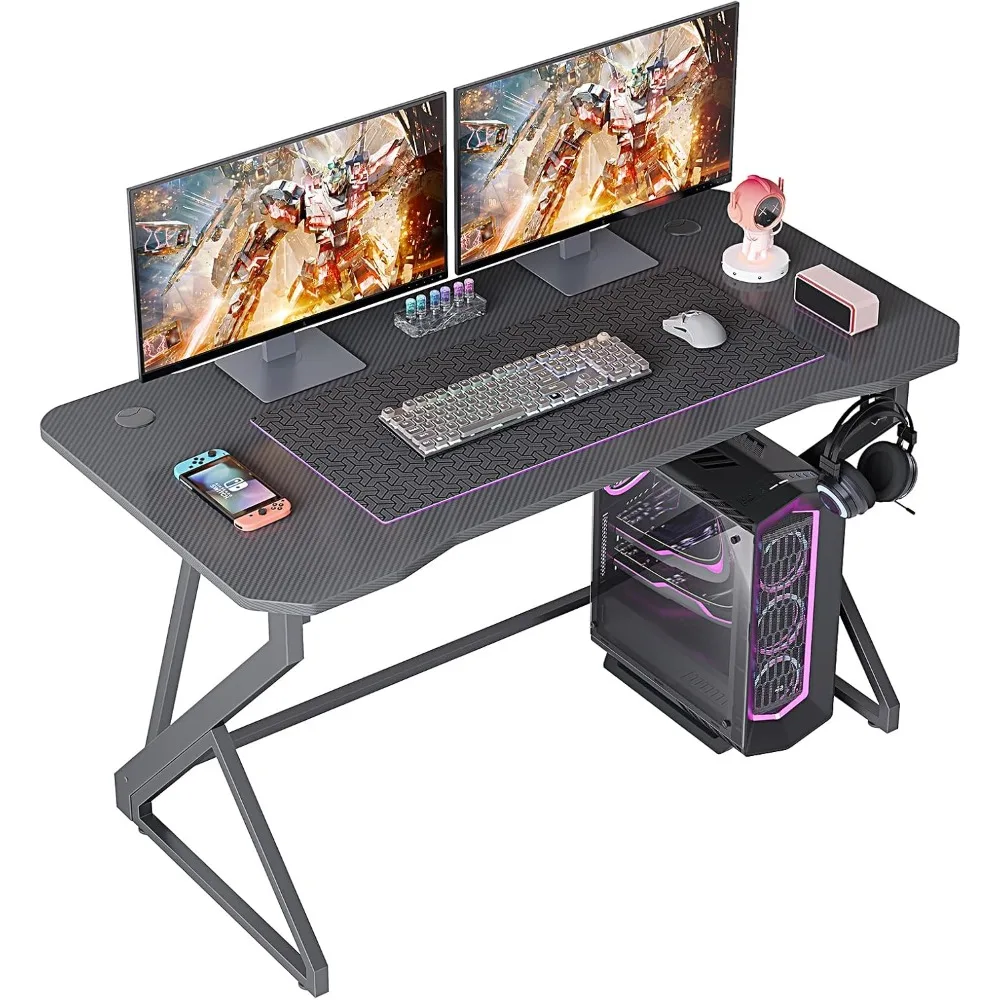

Gaming Desk Z Shaped 47 Inch Gamer Workstation, Home Computer Carbon Fiber Surface Gaming Desk PC Table with Headphone Hook, Car