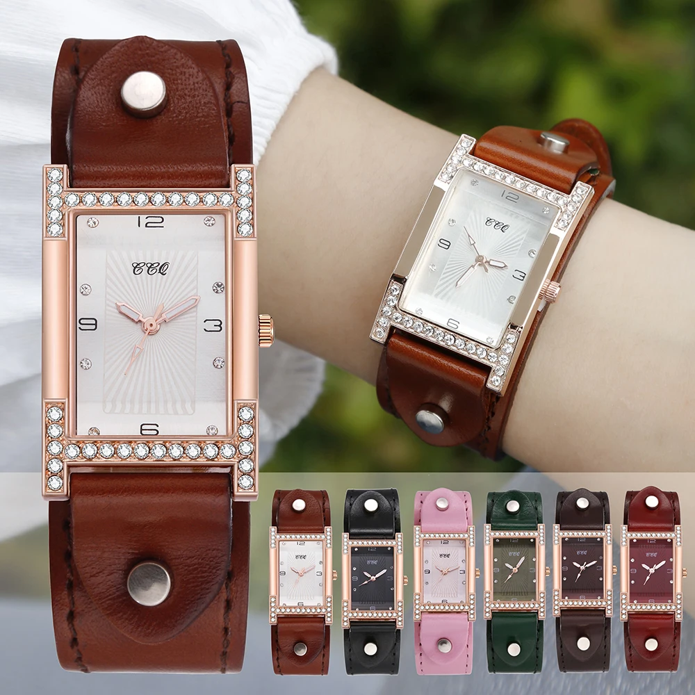 Women Dress Quartz Watch Couples Bracelet Watches Cow Leather Strap Rectangle Ladies Clock Casual Female Square WristWatch