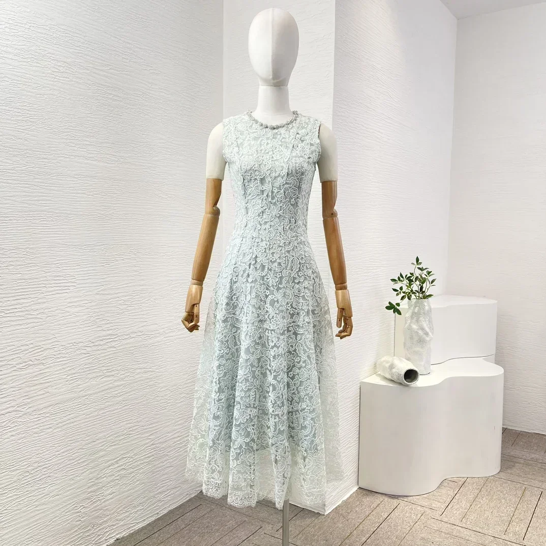 Women's Classic Lace Midi Dress Sleeveless O-neck Beading Diamonds Graceful Ladies Clothing for Party 2024 Summer New