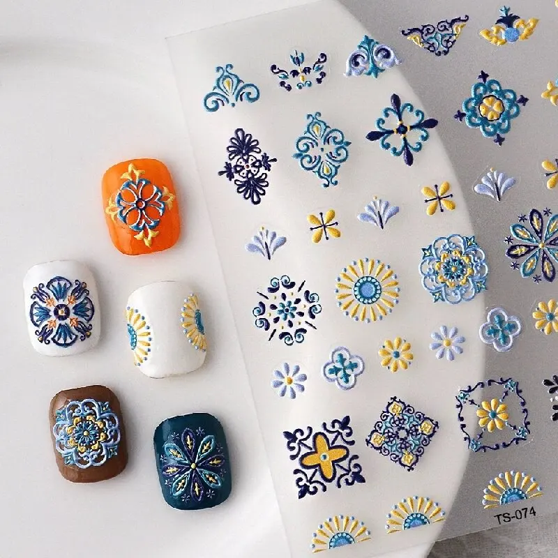 1PC Embossed 5D Nail Stickers Bohemian Pattern Ethnic Style Nail Stickers Art Supplies Reliefs Nail Sticker Art Accessories