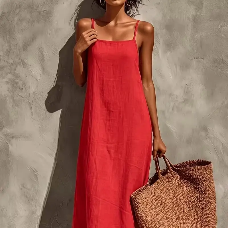 Minimalistisches, einfarbiges rotes Maxikleid mit dünnen Trägern und lockerer Passform, geeignet zum Spazierengehen am Strand, zum Essen in Restaurants am Meer und für Besichtigungen. – Detail 1