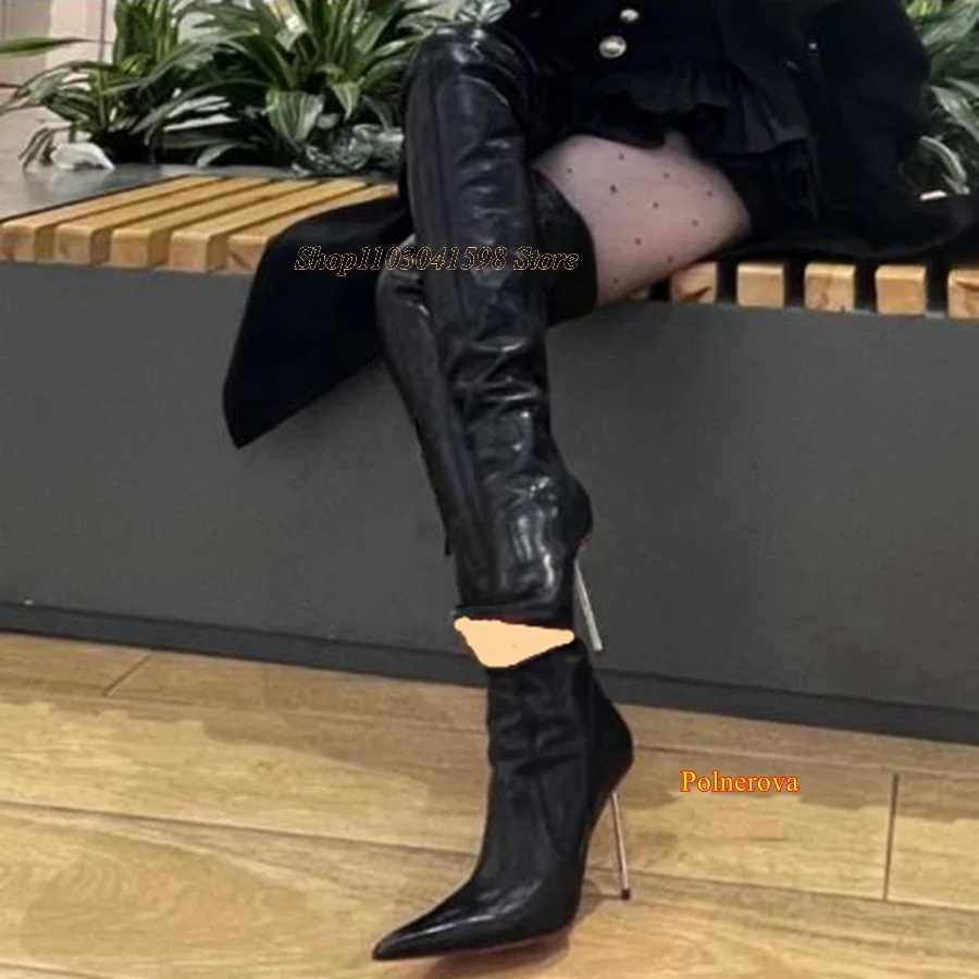 Black Leather Boots for Women,Sexy Pointed Toe High Heel boots Zippered Thin Heel Over The Knee Boots 2023 Zapatos Para Mujere