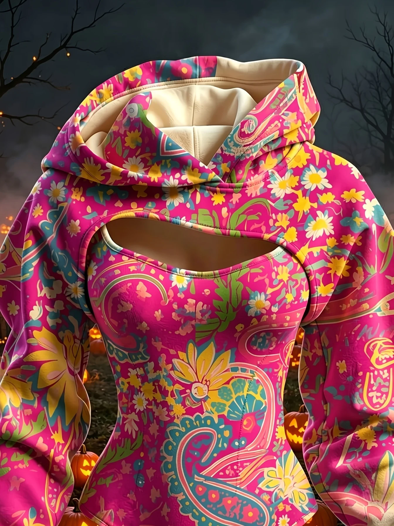 Women Halloween Paisley Floral Print Double Hood Bodysuit Hollow Out Long Sleeve Hoodie