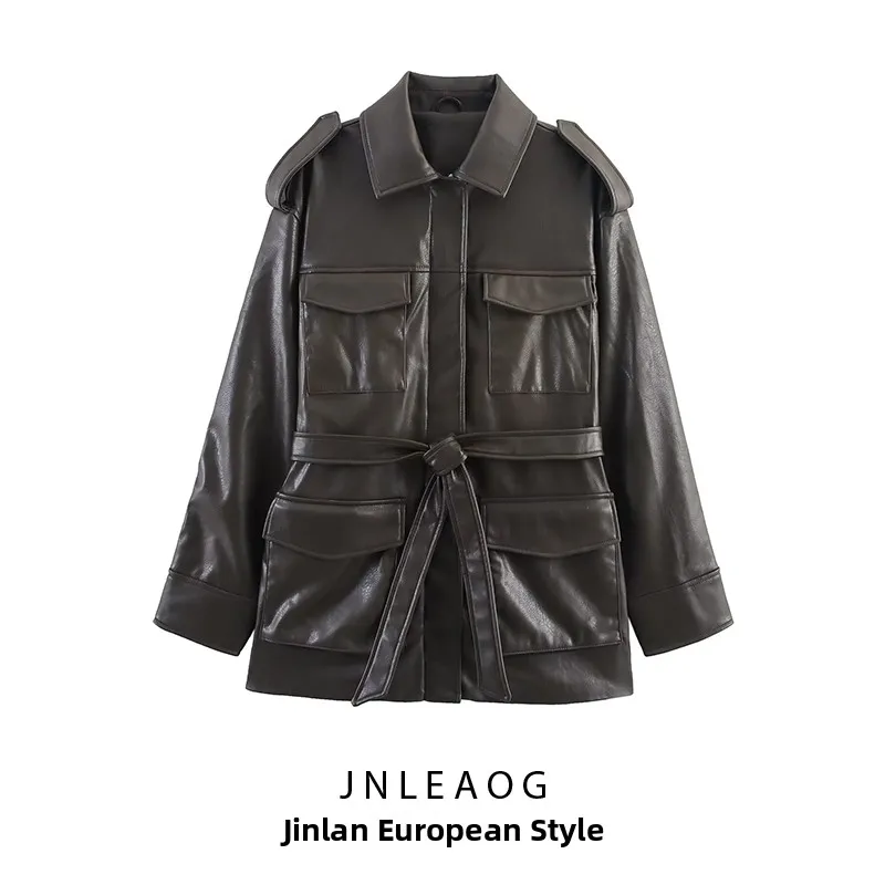 패셔너블 가죽 재킷 여성용 가을 신상 슬레 키트 장식 아우터웨어 캐주얼 출퇴근 슬레 롱 스웨이드 지퍼 디자인