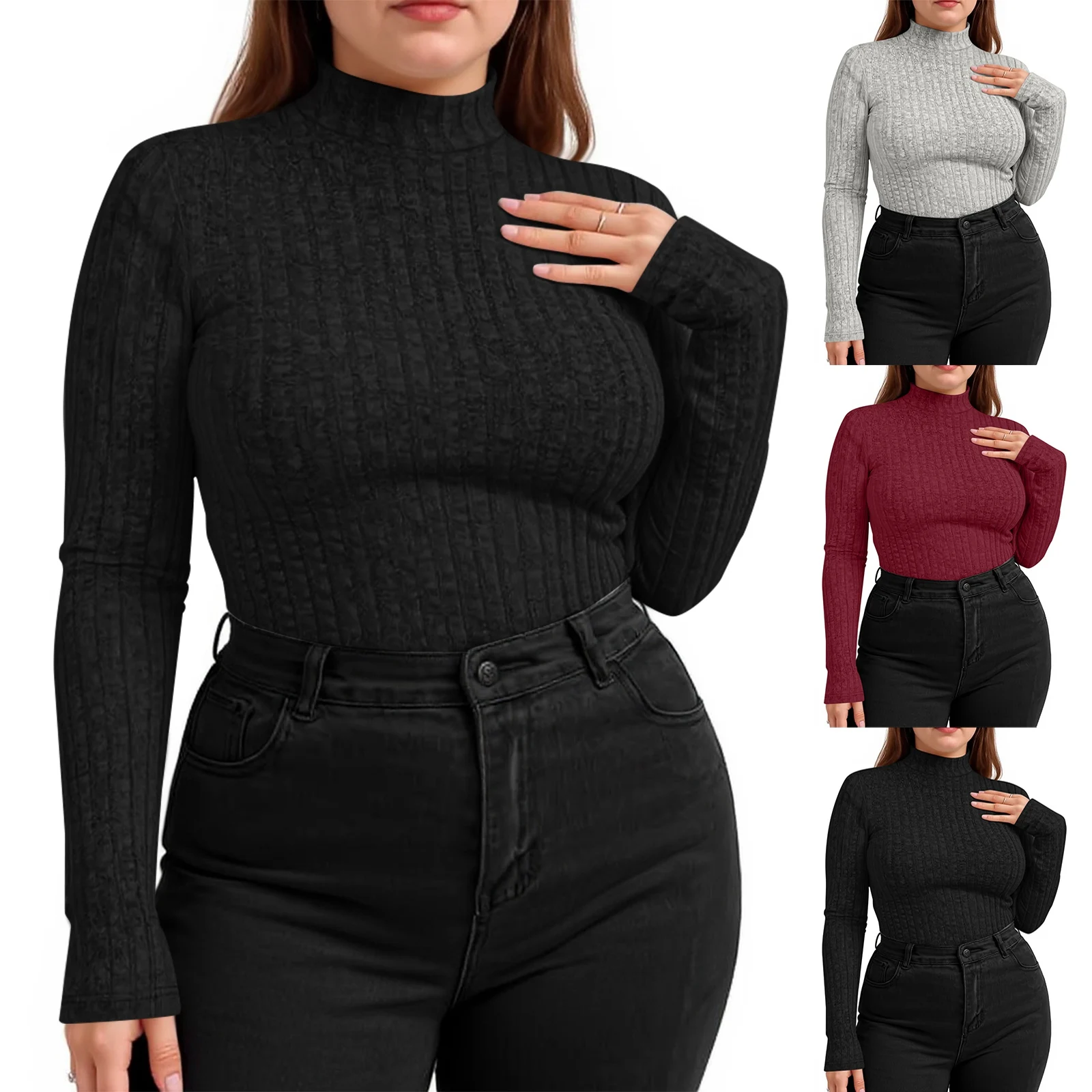 Plus Size Women's Solid Color knitted Sweater Autumn and Winter Long Sleeved Semi High Neck Knitted Pullover Top Casual Knitwear