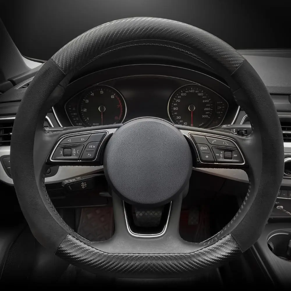 

Black Suede And Carbon Fiber Steering Wheel Cover For 15 Inch Universal D-Shape Car Interior Non-Slip Fit