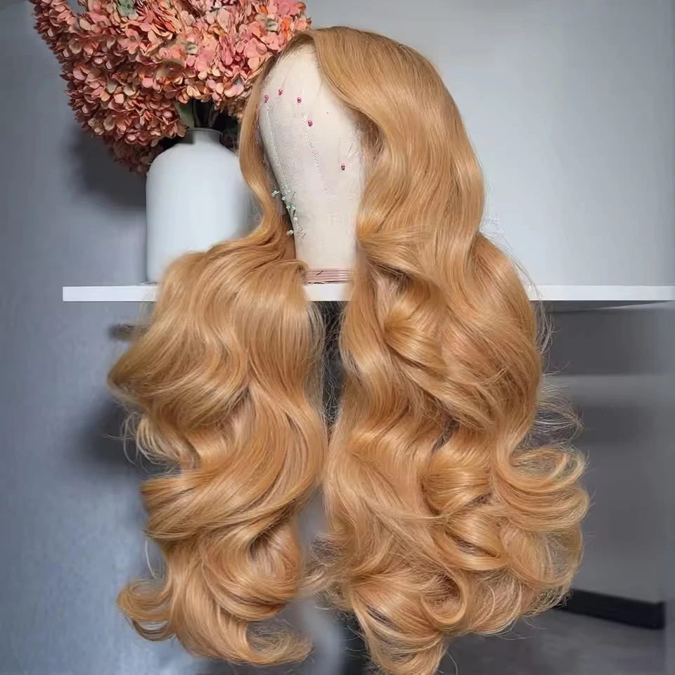13x4 الاصطناعية الدانتيل شعر مستعار أمامي العسل شقراء الجسم موجة النحاس الأحمر الدانتيل الباروكة الأمامية غلويليس قبل قطعها مع شعر مستعار الطفل
