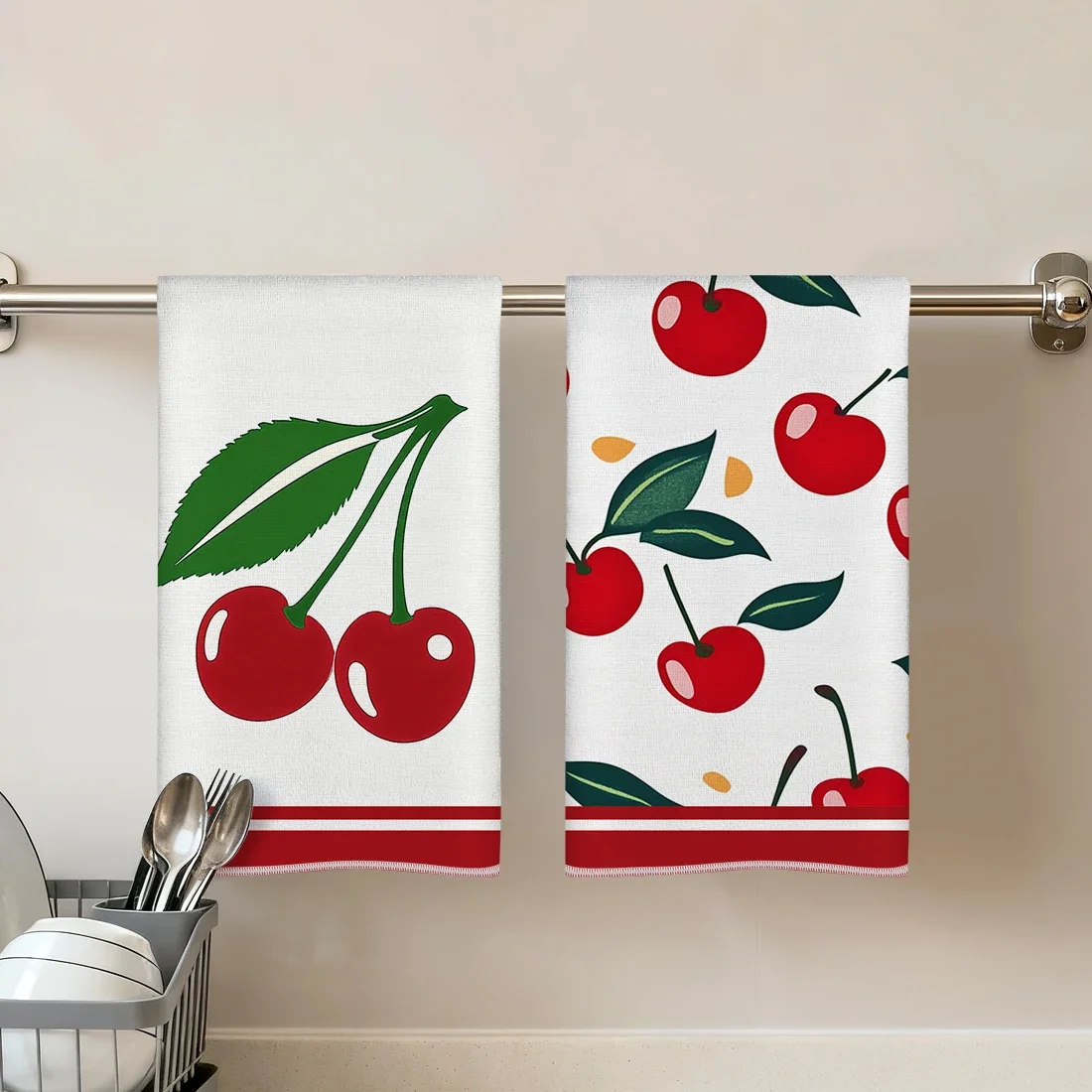 Paquete de 2 Toallas de Cocina con Estampado de Cerezas, Toalla de Mano Absorbente de Tela de Rizo de Poliéster para Cocina, Baño y Decoración del Hogar