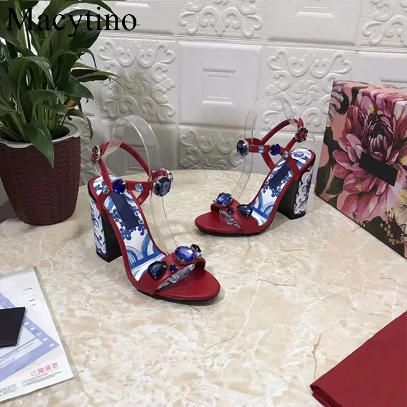 2024 New Brand Women Sandals Summer Shoes Blue And White Porcelain Print Sandals Rhinestones  Pumps Red Black Green