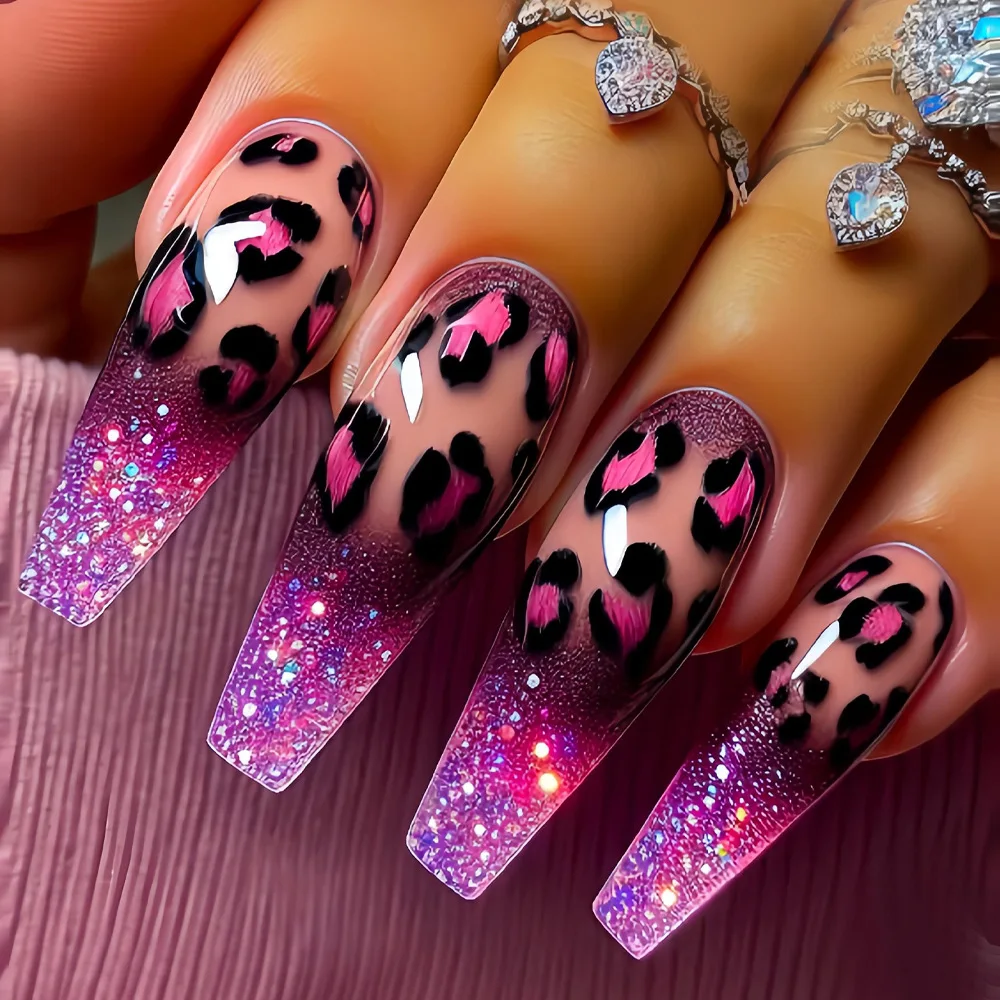 

24PCS Purple Leopard Print Press on Nails Colorful Starry Sky Fake Nails European American Hot Girls Style Removable False Nail