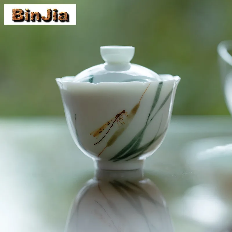 120ML Hand-painted Dragonfly Flower Mouth Gaiwan Luxury Tea Tureen Tea Bowl With Lid Kit Tea Making Cover Bowl For Tea Supplies