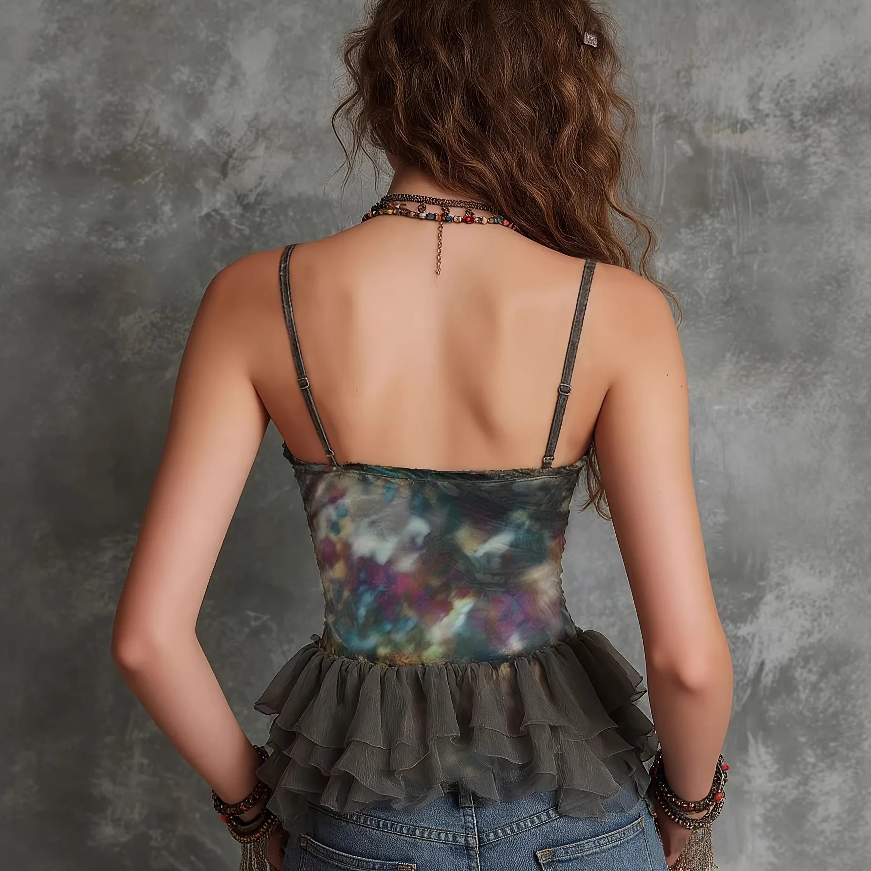 Y2k Women Summer Camisole Sleeveless V Neck Tank Top Sheer Mesh Cropped Vest Geometric Print Wrap Front Spaghetti Strap Top
