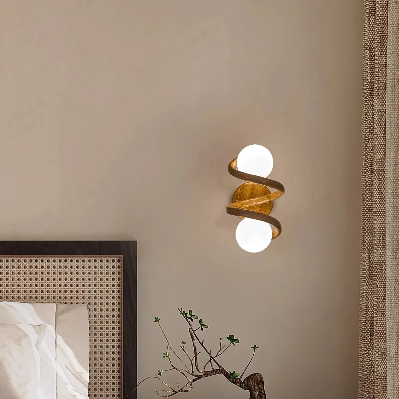 Nordic Minimalist Wood Grain Spiral Wrought Iron Wall Lamps White Acrylic Bedroom Bedside Restaurant Living Room Sconces Lights